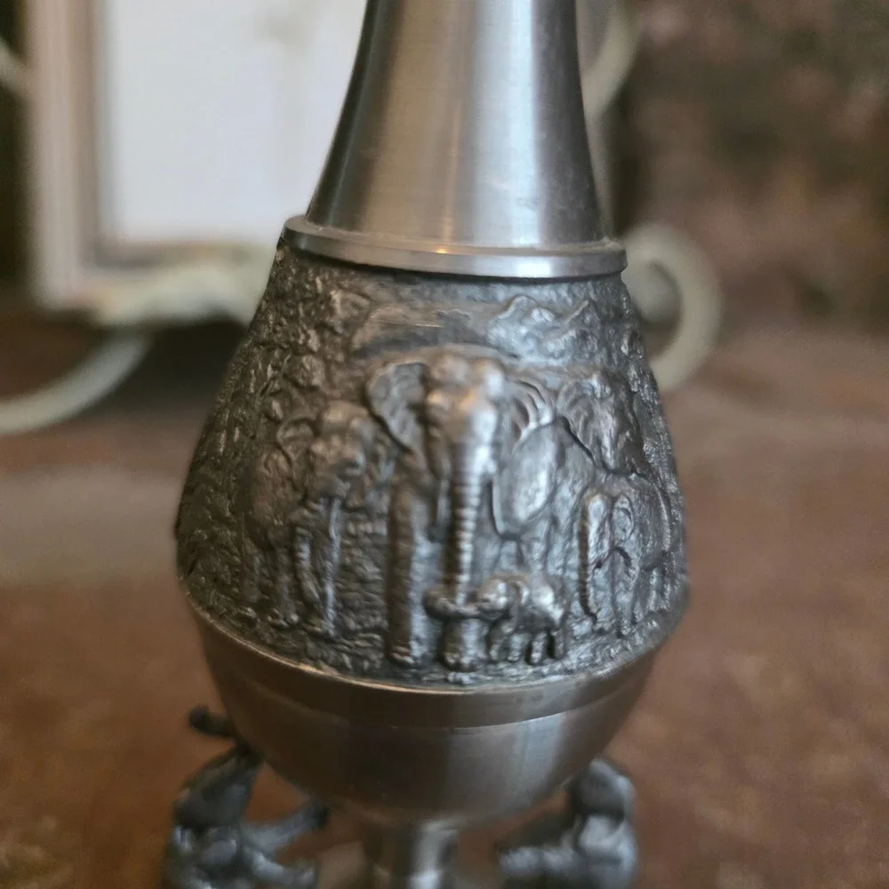 Vintage Pewter Silver Elephant Bud Vase Safari Scene Embossed Metal Decor 7 inch